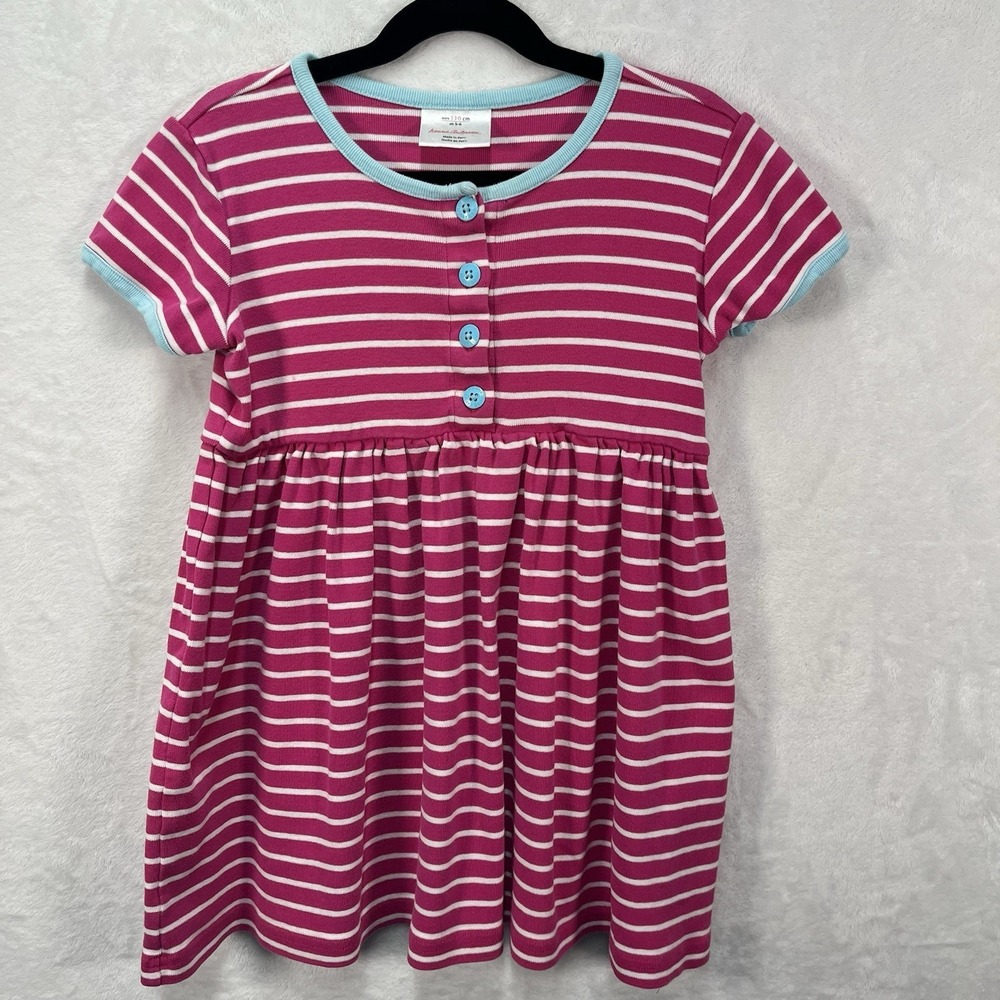 Hanna Andersson Button Front Striped‎ Dress Girls 5-6Y Summer Coastal Cotton